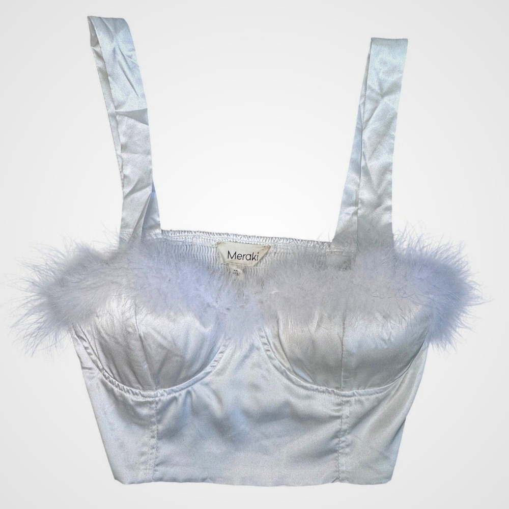 Meraki White Satin Feather Trim Corset Crop Top MT7184323XMK Womens XS